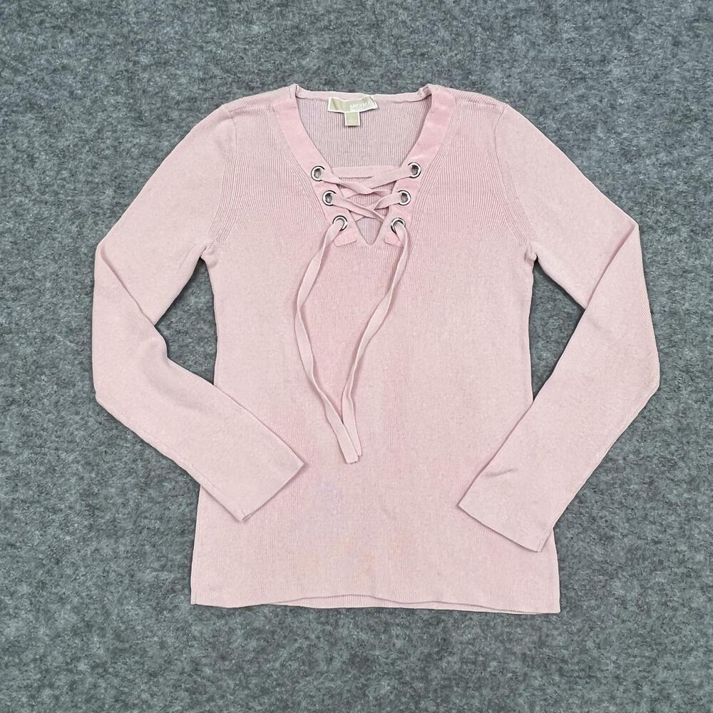 MICHAEL Michael Kors Sweater Womens L Pink Lace-Up V-Neck Pullover Slim Preppy